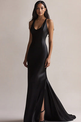 Black Satin Mermaid Scoop Neck Long Evening Dress with Slit
