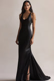 Black Satin Mermaid Scoop Neck Long Evening Dress with Slit