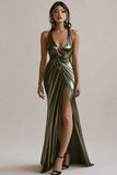 Olive Metallic Mermaid Long Ruched Evening Dress with Slit