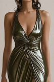 Olive Metallic Mermaid Long Ruched Evening Dress with Slit