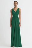 Black Satin A Line V Neck Long Evening Dress