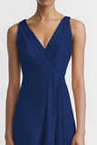 Black Satin A Line V Neck Long Evening Dress