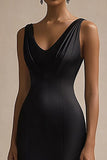 Black Satin V Neck Mermaid Long Evening Dress