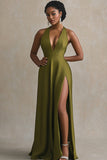 Martini Satin V Neck Long A Line Evening Dress with Slit