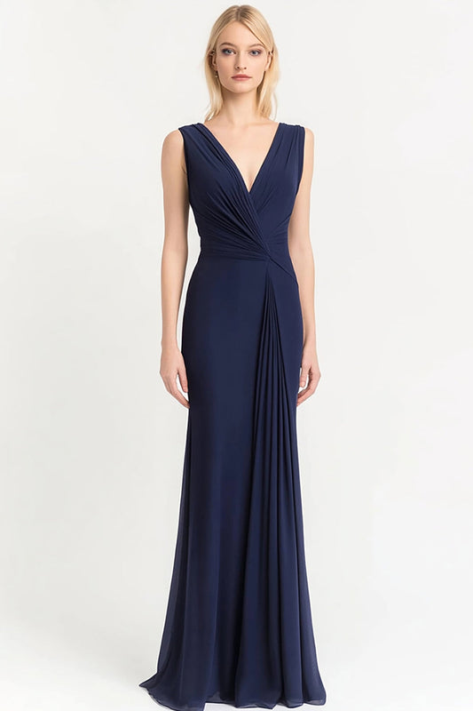Navy Sheath V-Neck Satin Long Evening Dress