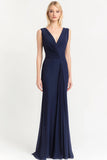 Navy Sheath V-Neck Satin Long Evening Dress