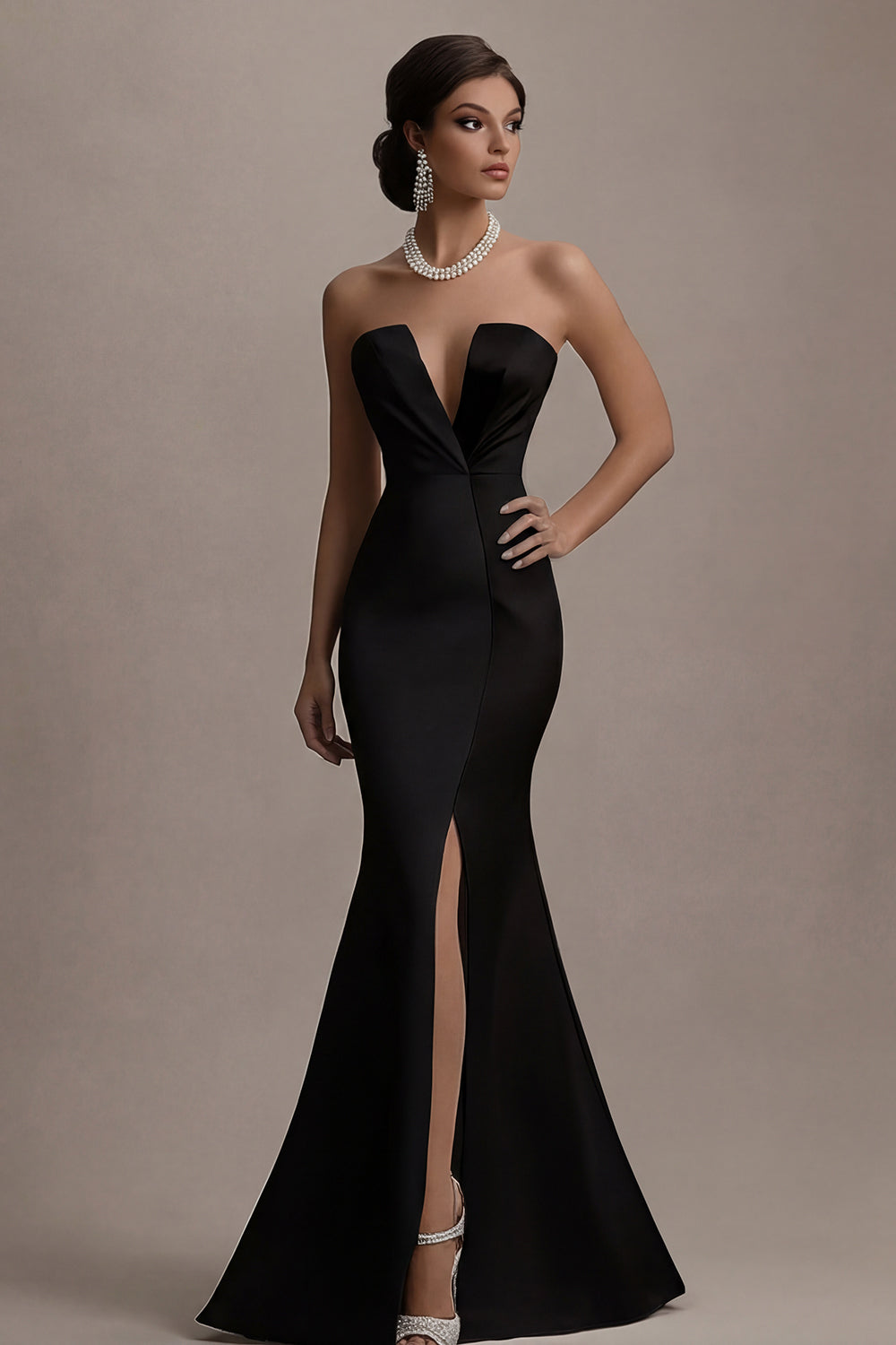Zapakasa Women Black and White Satin Long Evening Dress with Slit