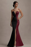 Black and White Mermaid Satin Strapless Elegant Long Evening Dress with Slit
