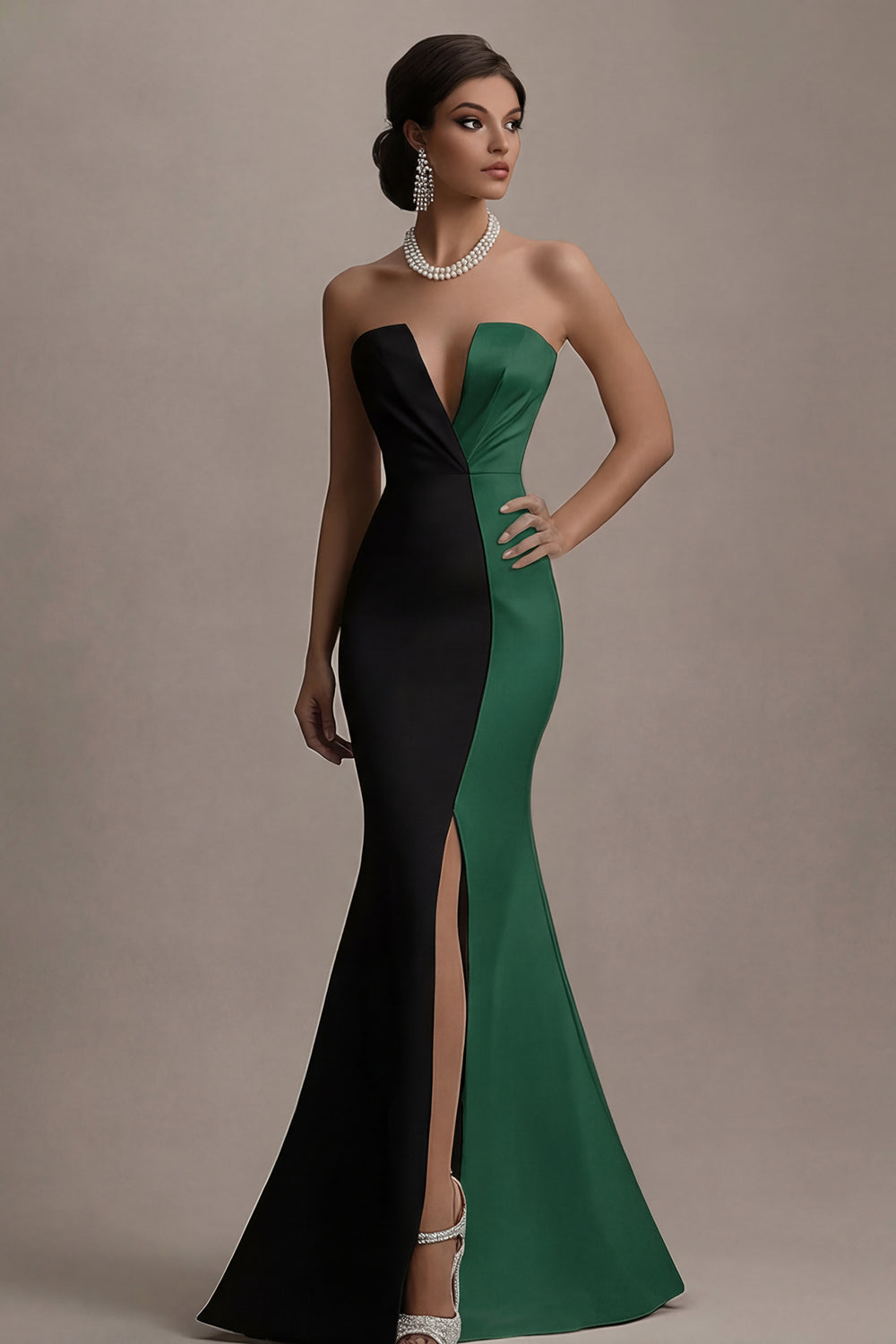 Black and White Mermaid Satin Strapless Elegant Long Evening Dress with Slit
