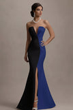 Black and White Mermaid Satin Strapless Elegant Long Evening Dress with Slit