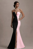 Black and White Mermaid Satin Strapless Elegant Long Evening Dress with Slit