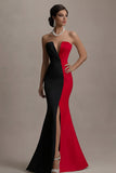 Black and White Mermaid Satin Strapless Elegant Long Evening Dress with Slit