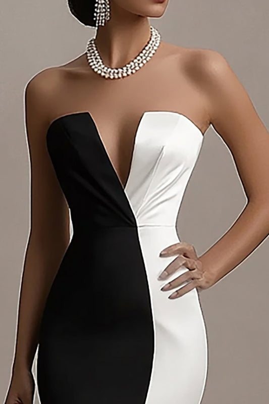 Black and White Mermaid Satin Strapless Long Evening Dress with Slit