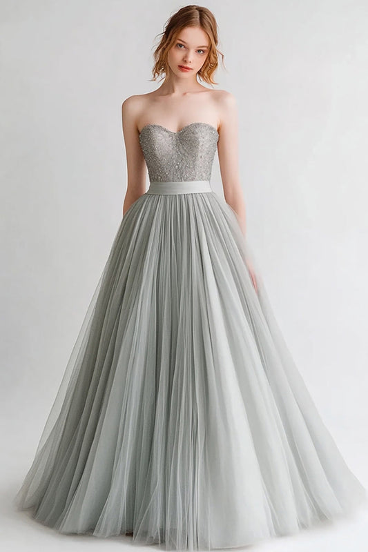 Light Grey Tulle A Line Sweetheart Long Evening Dress