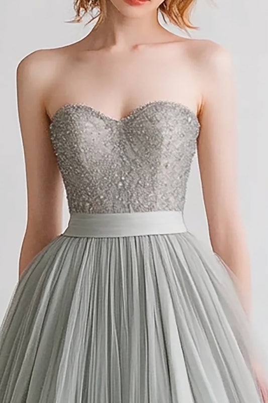 Light Grey Tulle A Line Sweetheart Long Evening Dress