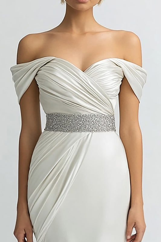 Ivory Sheath Off the Shoulder Long Satin Evening Dress