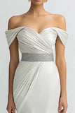 Ivory Sheath Off the Shoulder Long Satin Evening Dress