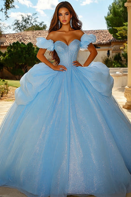 Sparkly Sky Blue Tulle Ball Gown Princess Long Quinceanera Dress with Ruffles