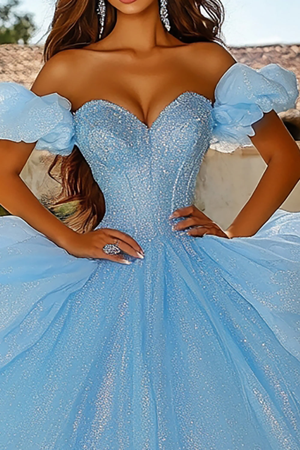 Sparkly Sky Blue Tulle Ball Gown Princess Long Quinceanera Dress with Ruffles