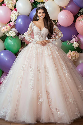 Champagne Ball Gown Princess Tulle Long Quinceanera Dress with Lace