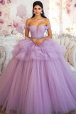 Lilac Ball Gown Tulle Princess Tiered Long Quinceanera Dress