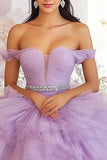 Lilac Ball Gown Tulle Princess Tiered Long Quinceanera Dress