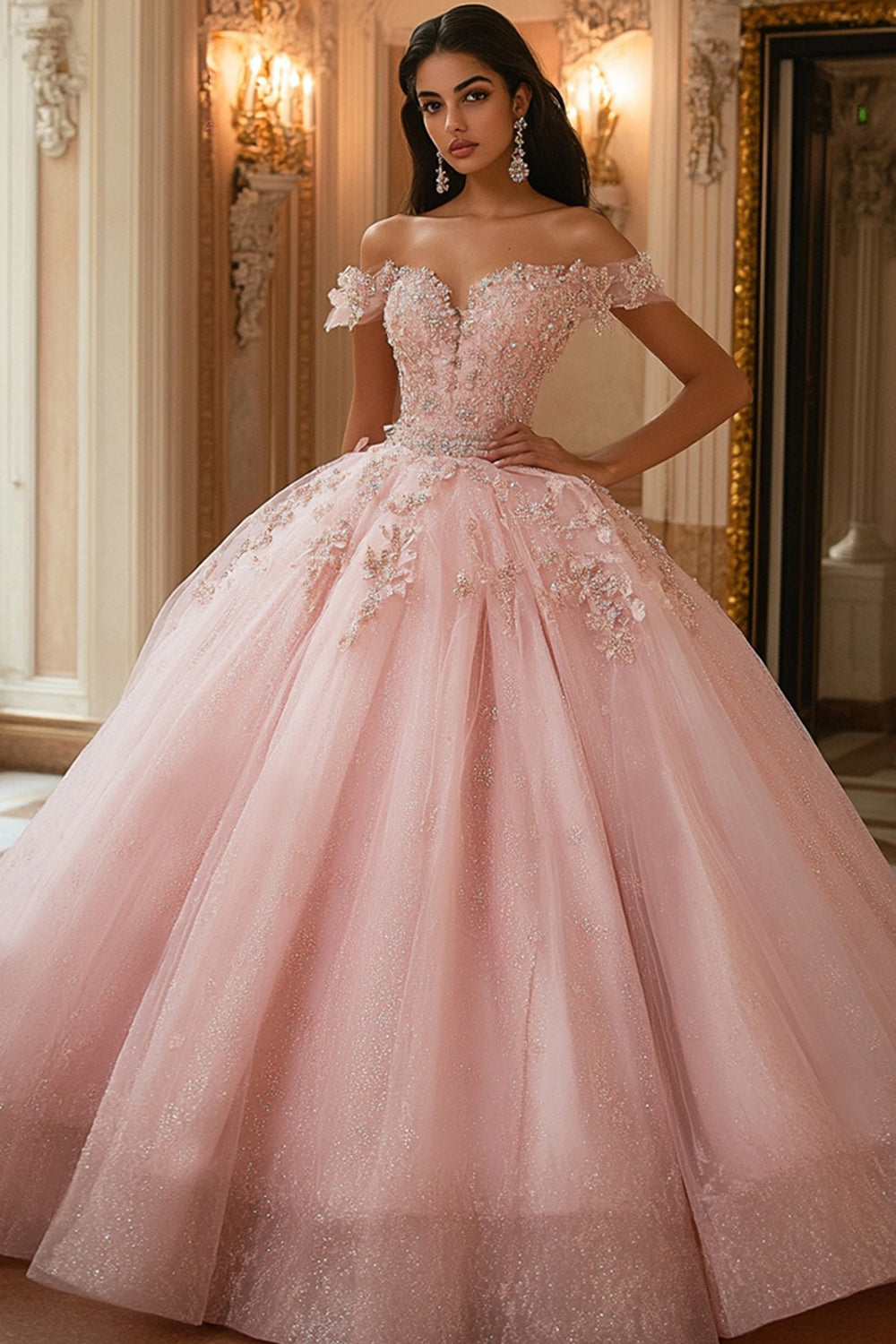 Sparkly Pink Ball Gown Tulle Long Quinceanera Dress with Lace