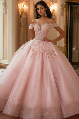 Sparkly Pink Ball Gown Tulle Long Quinceanera Dress with Lace