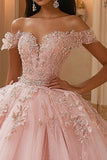 Sparkly Pink Ball Gown Tulle Long Quinceanera Dress with Lace