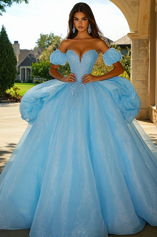 Sparkly Sky Blue Tulle Ball Gown Princess RuffledQuinceanera Dress with Beading