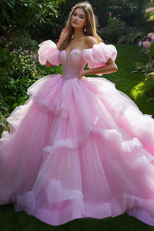 Pink Ball Gown Corset Princess Tulle Ruffled Long Quinceanera Dress with Beading