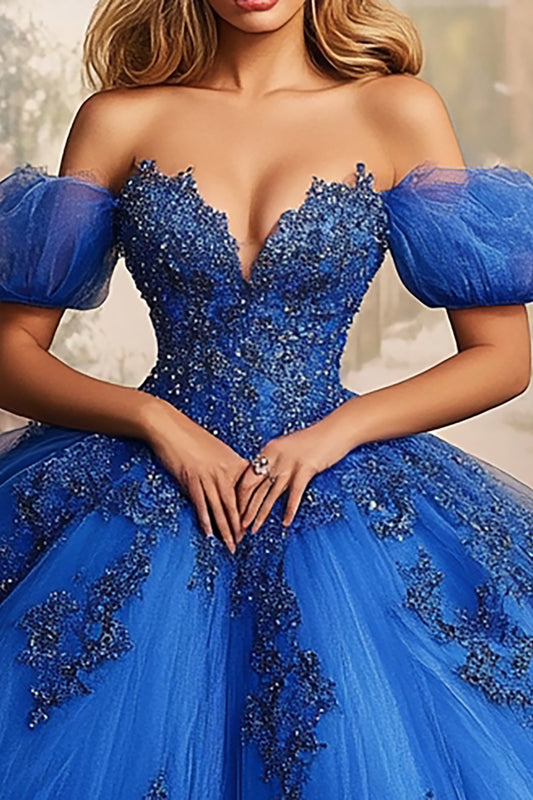 Royal Blue Tulle Ball Gown Princess Long Quinceanera Dress with Lace