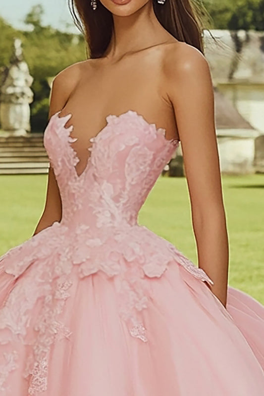 Pink Strapless Ball Gown Princess Long Quinceanera Dress with Appliques