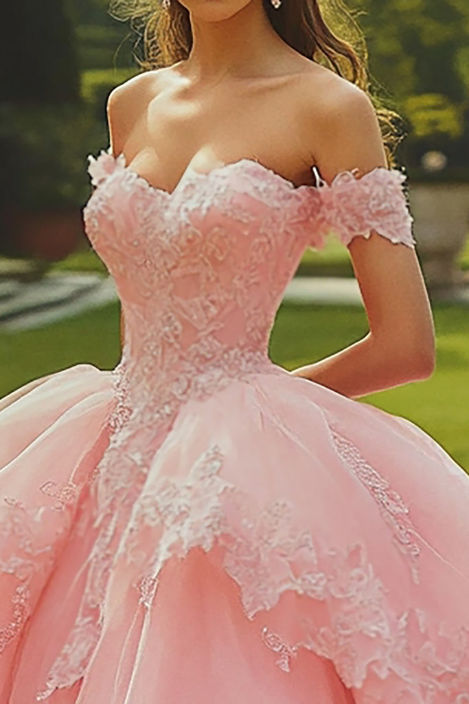 Pink Lace Quinceanera Dress Ball Gown Applique Lace Tulle Party Sweet 16 Dress main image 0