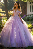 Lilac Ball Gown Tulle Off the Shoulder Long Quinceanera Dress with Appliques