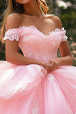 Pink Tulle Ball Gown Long Appliqued Quinceanera Dress with Ruffles