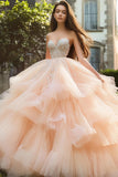 Champagne Tulle Ball Gown Sweetheart Tiered Quinceanera Dress with Lace
