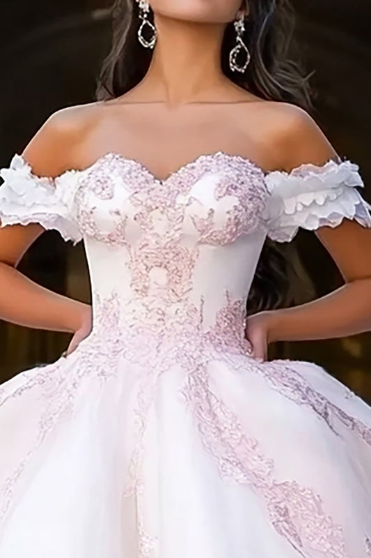 White and Pink Ball Gown Tulle Princess Long Quinceanera Dress with Appliques