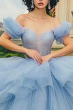 Glitter Dusty Blue Ball Gown Off the Shoulder Long Quinceanera Dress with Ruffles