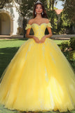 Yellow Ball Gown Off the Shoulder Long Tulle Quinceanera Dress with Lace