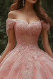 Pink Tulle Ball Gown Princess Long Quinceanera Dress with Lace