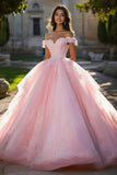 Pink Tulle Ball Gown Off the Shoulder Long Quinceanera Dress with Lace