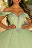 Glitter Light Green Tulle Ball Gown Long Quinceanera Dress with Appliques