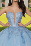 Glitter Sky Blue Princess Ball Gown Long Sweetheart Quinceanera Dress