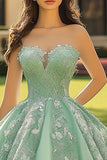 Sage Green Ball Gown Princess Long Strapless Quinceanera Dress with Appliques
