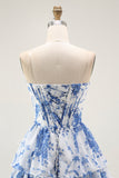 White Blue Floral A Line Corset Short Homecoming Dress with Ruffles