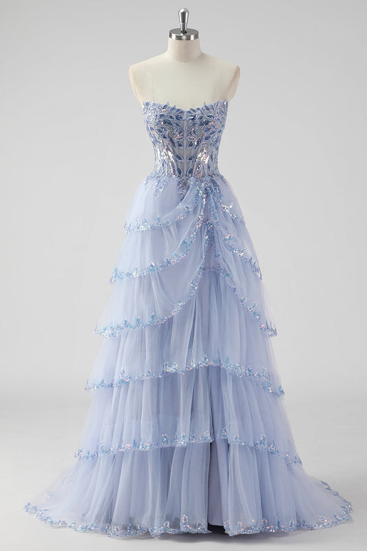 Lavender Corset A Line Strapless Sequins Long Prom Dress with Slit