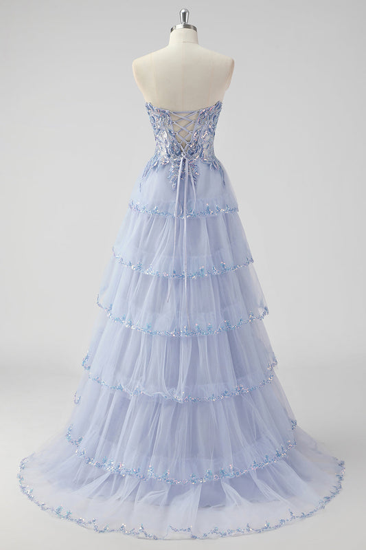 Lavender Corset A Line Strapless Sequins Long Prom Dress with Slit