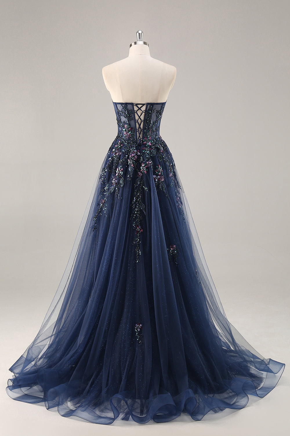 Zapakasa Women Sparkly Navy Corset Long Prom Dress with Appliques Tulle Sweetheart A Line Lace Up Back Formal Dress with Slit