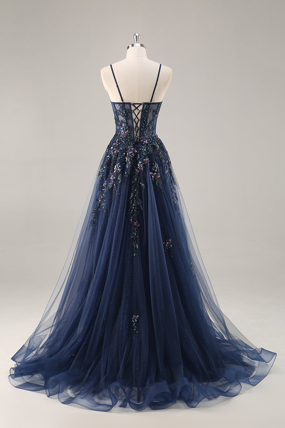 Zapakasa Women Sparkly Navy Corset Long Prom Dress with Appliques Tulle Sweetheart A Line Lace Up Back Formal Dress with Slit